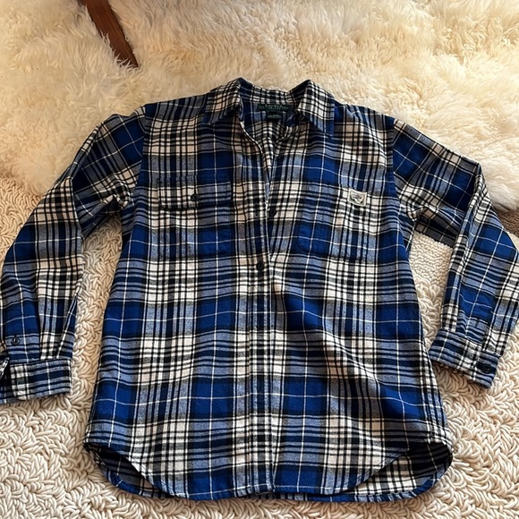 Women’s LRL P/S Flannel Blue & Cream Button Down Shirt - Picture 5 of 8